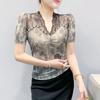 New Summer Women's T-Shirt Elegant Lace Patchwork Hot Diamonds Tops Shirts Fashion Short Sleeved V-Neck Slim Mesh Tees