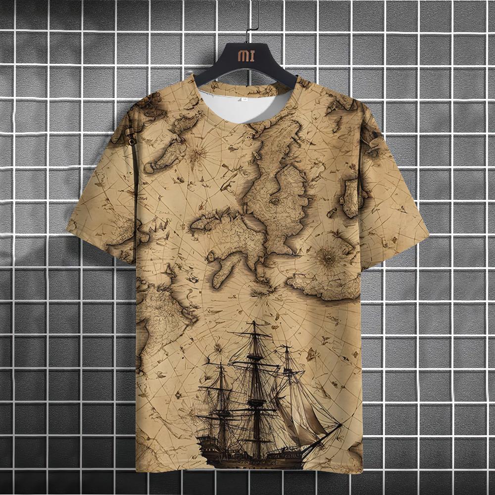 Maglietta vintage da uomo, estiva, americana, con stampa bussola, a maniche corte, comoda e comoda, abbigliamento casual da uomo per tutti i giorni.