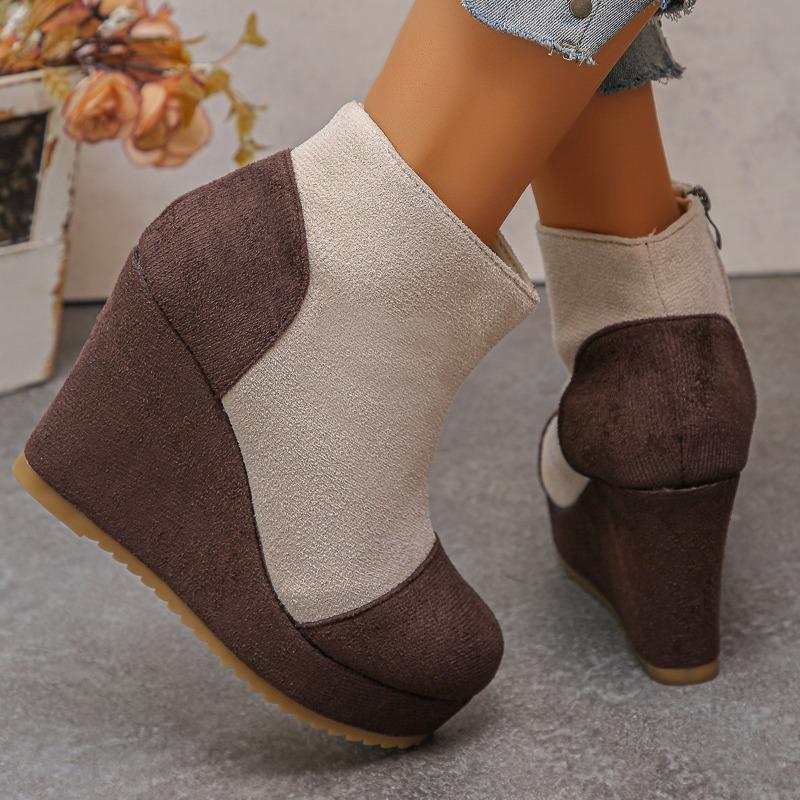 Plus‑Size Round Toe Thick Platform Wedge High Heel Women Ankle Boots