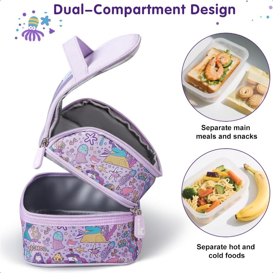 NOHOO Insulated Lunch Bag Small Cute Reusable Purple Mermaid Princ Food Box Bag for Girls Toddler Preppy School Kindergarten Da