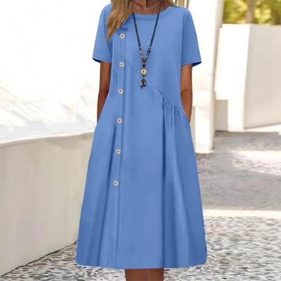 Women's Fashion Summer Spring Solid Color Print Short Sleeve O-Neck Loose Waistline Casual Dresses