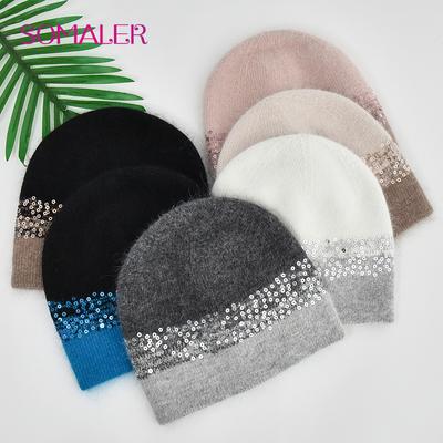 Zimné čiapky pre ženy Teplá pletená čiapka z angorskej vlny Módna flitrová čiapka Hrubá dlhá králičia kožušina Vlasy Skull Cap Baret