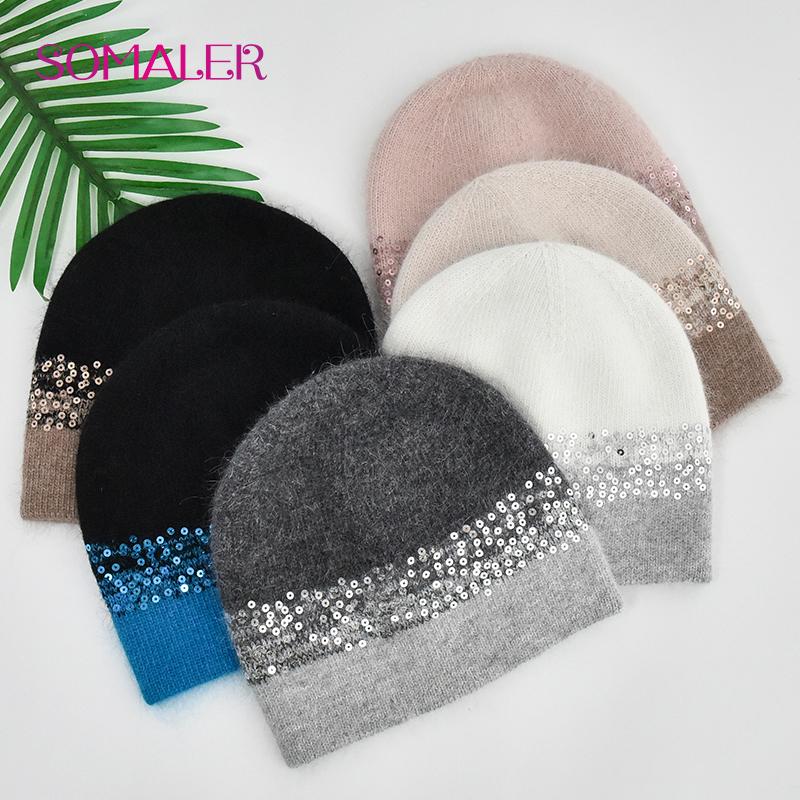 SOMALER Winter Hats for Women Warm Angora Wool Knitted Hat Fashion Sequin Beanie Hat Thick Long Rabbit Fur Hair  Skull Cap Bonnet