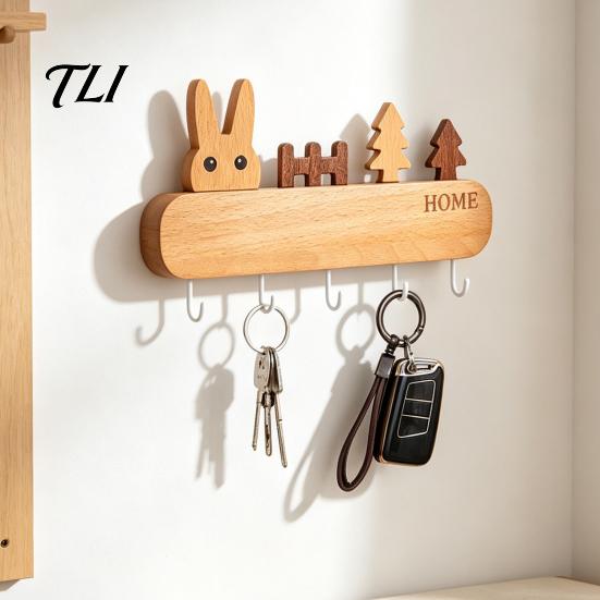 Heavy Duty Screw Fixation Hooks Wooden Key Holder with 5 Hooks, Cartoon House Theme Organizer, Multi Entryway Wall Storage Purpose Hanging Rack