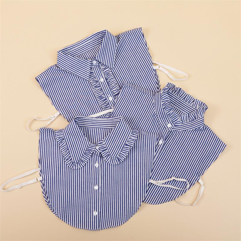 LHY Striped Fake Collar Blue White Pleated Blouse Half Shirt Dickey Korean Style Office Wear Cotton Decoration Collar
