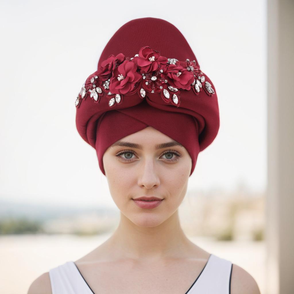 Ready To Ship 2025 Latest Ladies Flower Embroidery African Hats Fashion Ethnic Style Stretch Turban Headbands for Women
