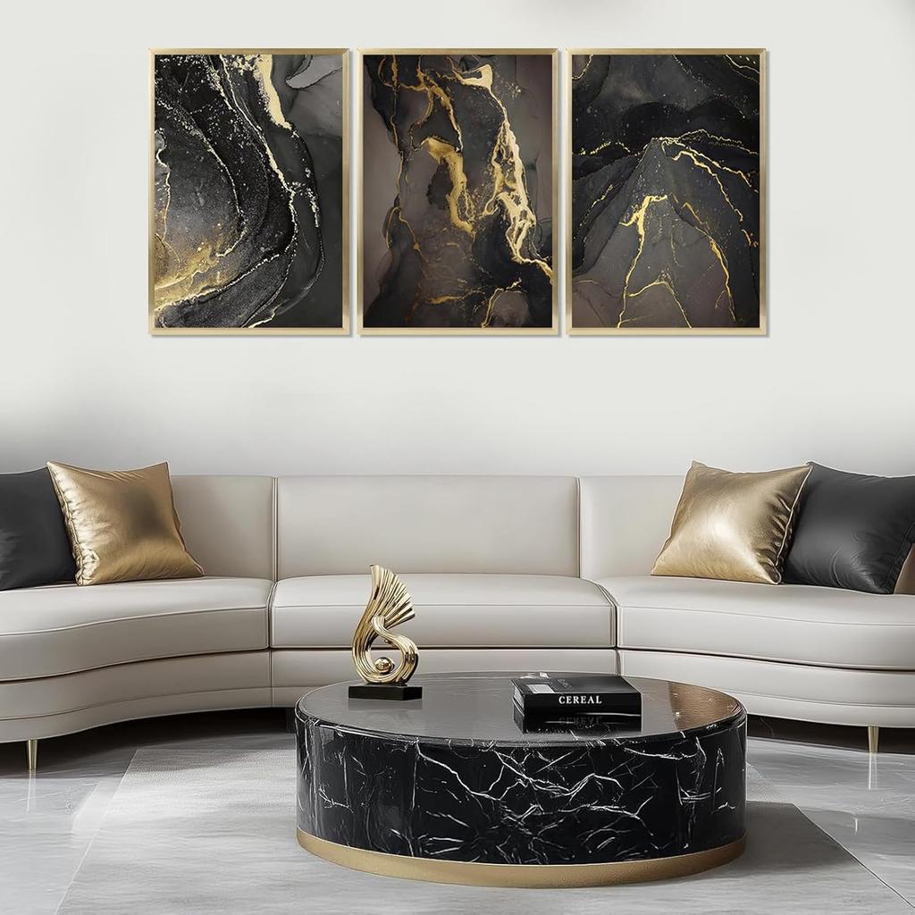 Kyiyhzp 3Pcs Abstract Black Gold Wall Art Modern Minimalist Wall Decor Prints Black gold grey pictures Marble painting artwork for Living Room