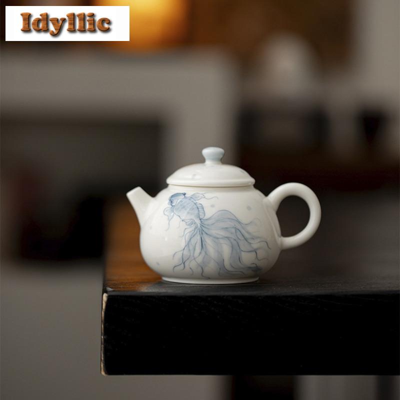 135ml Hand-painted Blue And White Goldfish Teapot Luxury Tea Infuser Pot Tea Maker Kettle With Strainer Drinkware Decoration