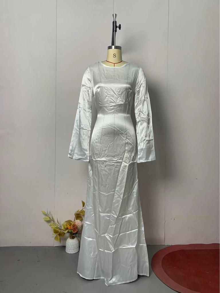Rochie de damă albă cu mâneci lungi și șnur - Toamnă/Iarnă, Stil elegant chinezesc, Casual cu croială care accentuează talia