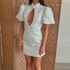 Vestito Mini Casual da Donna alla Moda a Pois con Intagli e Maniche a Sbuffa a Manica Corta con Collo Alto