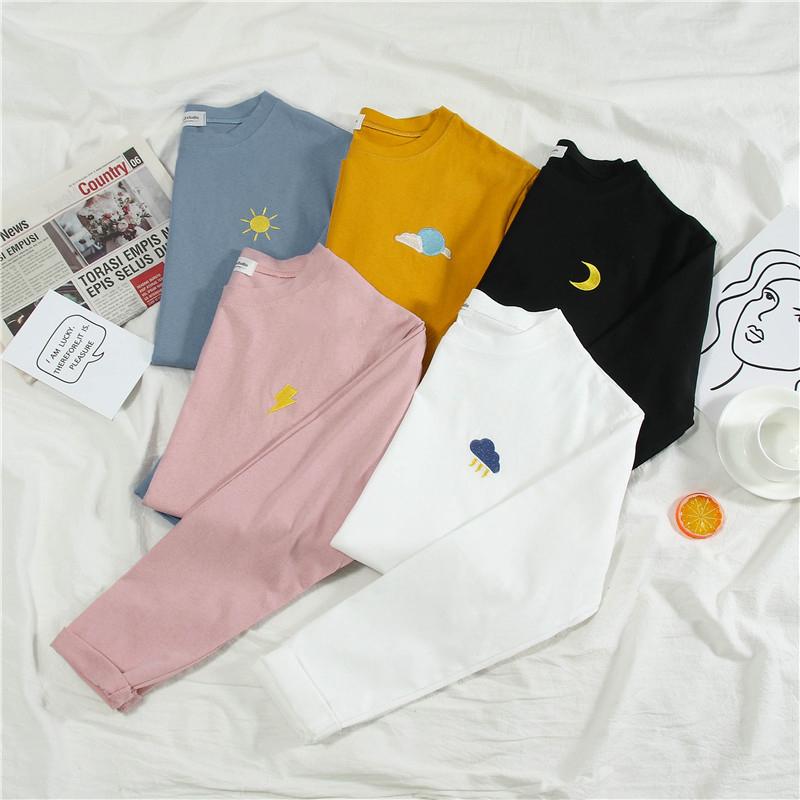 Women Cartoon Embroidery Shirts Tops Autumn Long Sleeve Harajuku Pullover Casual Loose Student Funny Blouses