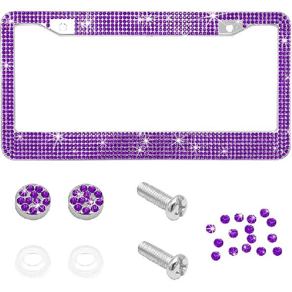 Bling Car License Plate Frame, Handcrafted Rhinestone License Plate Frame With Glitter Screw Caps, Sparkly Bedazzled Diamond Stainless Steel License
