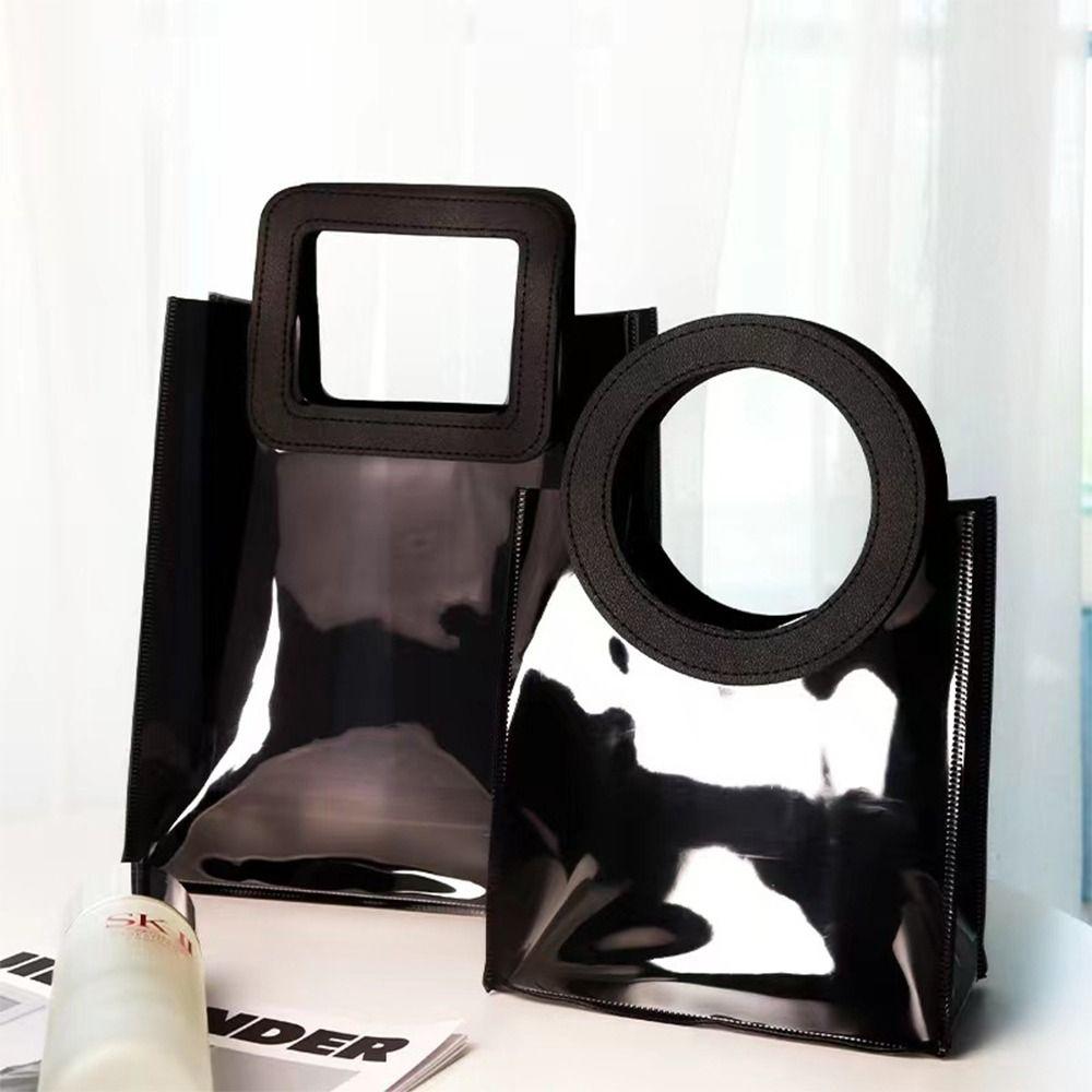1pc Fashion Black Gift Bag Transparent PVC Handhold Packaging Tote Large Capacity Square/Round Handle Shopping Bags
