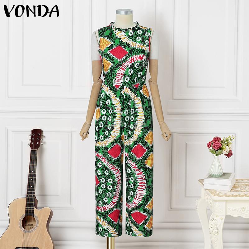 VONDA Women O Neck Sleeveless Hawaiian Print Casual Beach Holiday Long Jumpsuits Rompers