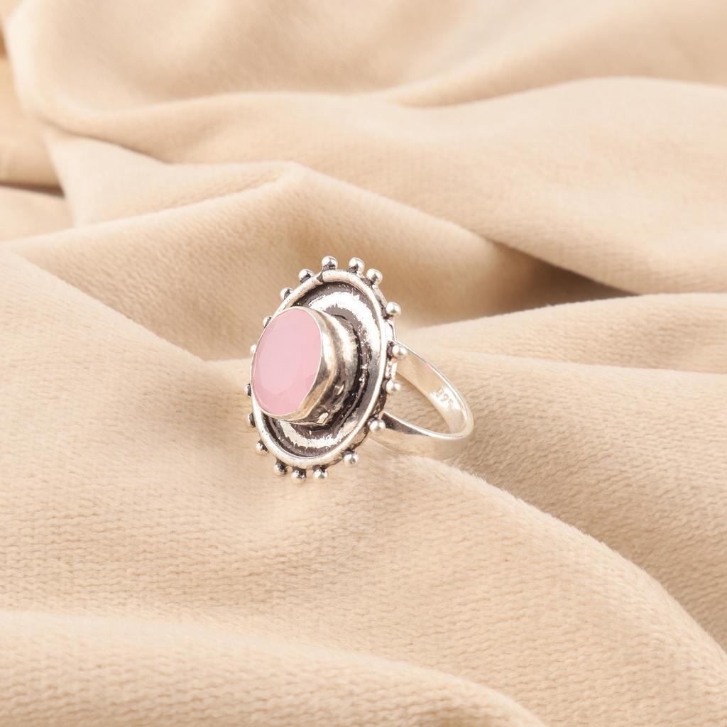 Rose Chalcedony Gemstone Jewelry, 925 Solid Sterling Silver Ring, Handmade Silver Jewelry Balancing Ring Adorable Chalcedony Jewelry For Her