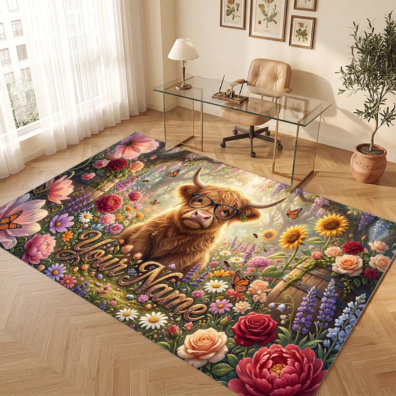 Highland Cow Theme Soft Crystal Velvet Rug Custom Name & Text Print Non Slip Floor Rug for Bedroom Living Room