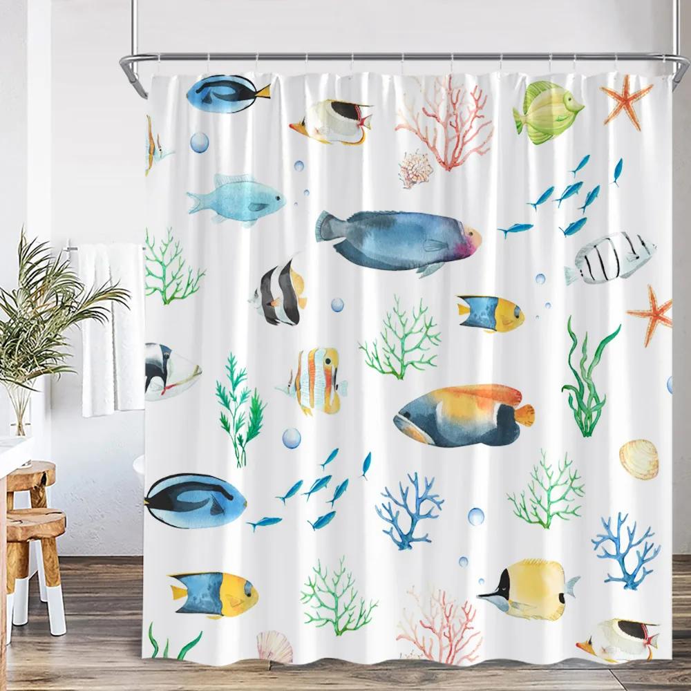Nautical Cartoon Shower Curtain Tropical Fish Starfish Shell Seaweed Coral Underwater Bathroom Decoration Polyester Bath Curtain