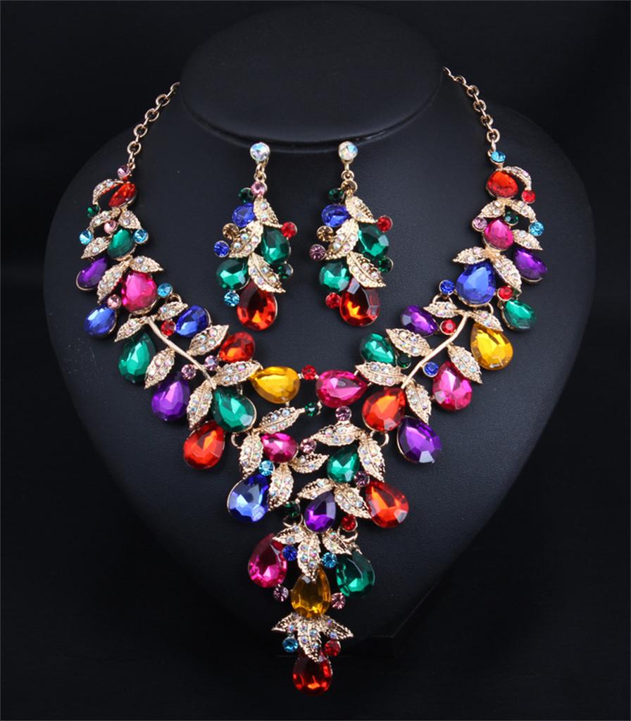 Gorgeous Colorful Crystal Flower Drop Collar Necklace Earring Luxury Wedding Jewelry Set Exaggerated Girl's Bridal Party Gift