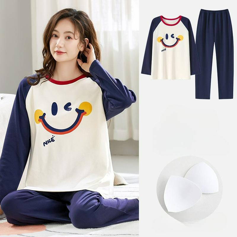 Pajamas with Chest Pads, Women's Autumn and Winter Long-sleeved Cotton, Cute and Casual, Can Be Worn Outside Home Service Suits