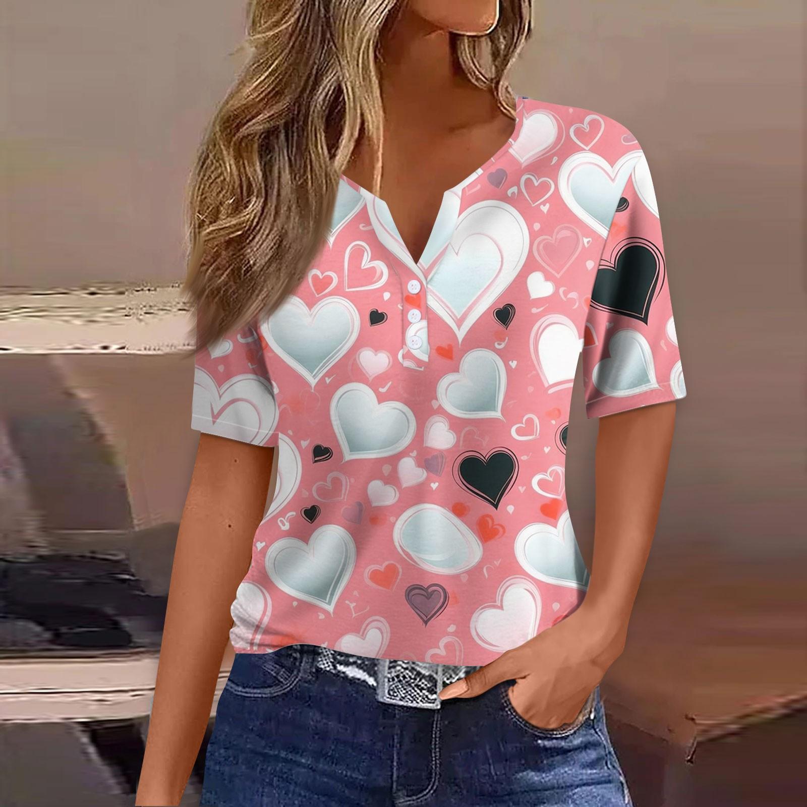 

Жен. Футболка Футболка С принтом Пуговицы С короткими рукавами Повседневные Выходные Мода Классический V-образный вырез Обычный Верх XXXL розовый