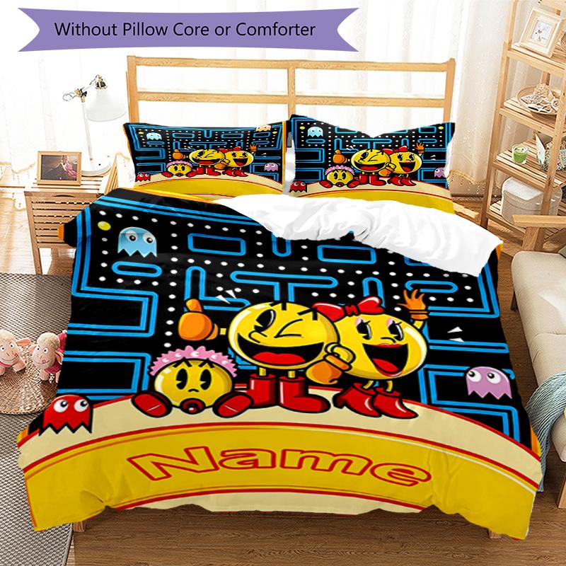 3pcs Custom Name Pac Man Bedding Set Duvet Cover Closure Includes 1 Duvet Cover & 2 Pillowcases, Soft and Comfortable for All Seasons.