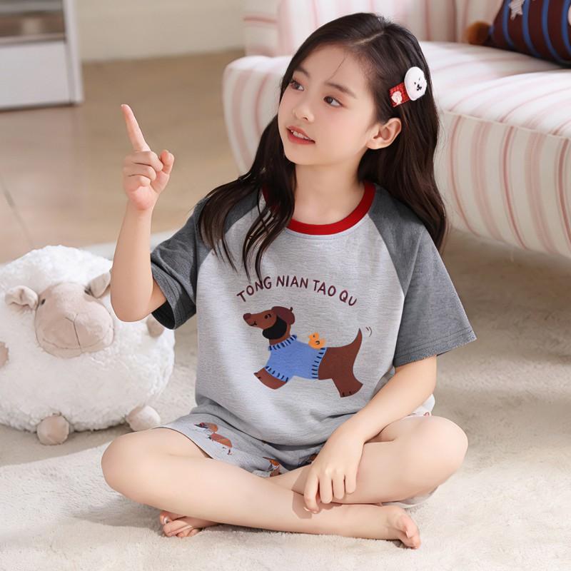 Girls Cartoon Print Short Sleeve Cotton Pajama Set Sleepwear Comfortable Home Outfit Ages 8