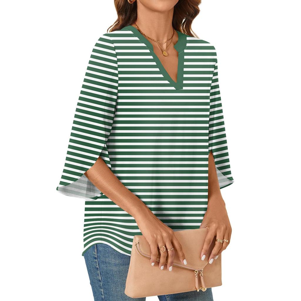 Womens Tops 3/4 Tiered Bell Sleeve V Neck Stripes Printed  Blouses Work Tunic Shirts