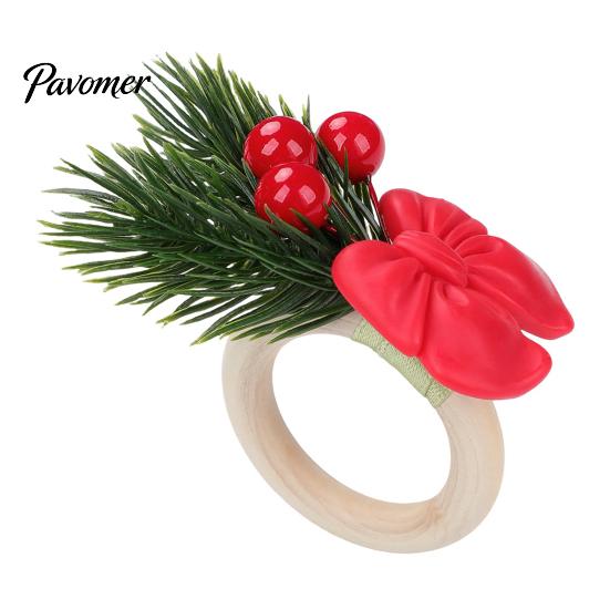 Bulk Napkin Rings for Hotel Mini Christmas Ring, Small Red Bow Wooden Holder with Farmhouse Dining Table Decor Berries Pine Cones New Year Party