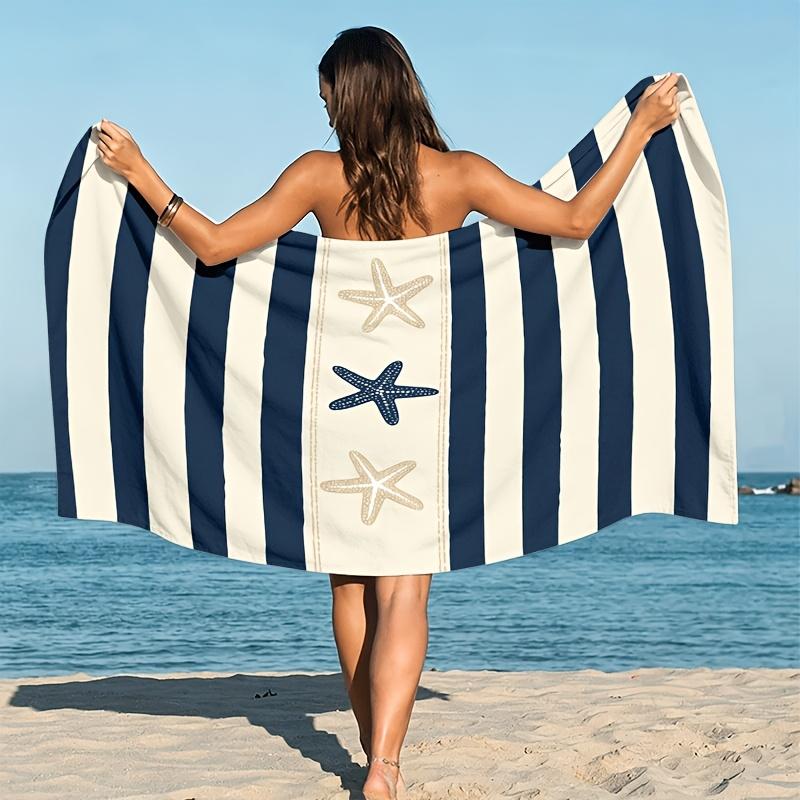 1Pc Navy Stripe Starfish Beach Towel Quick Dry High Absorbency Large Bath Towel For Beach Vacation