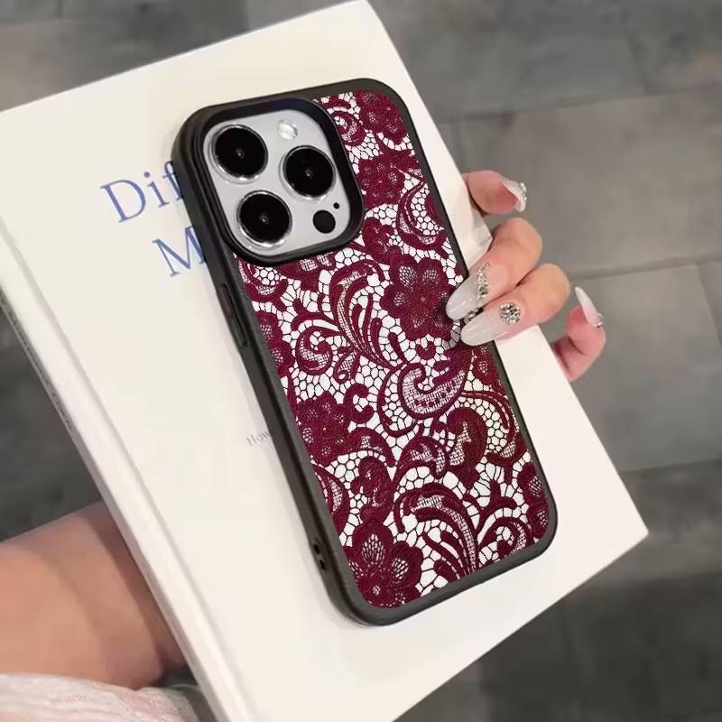 Burgundy Lace Elegance Lichee leather pattern Phone Case For iPhone 17 16e 16 15 14 13 12 11 Air Pro Max Plus X XR XSMax Cover