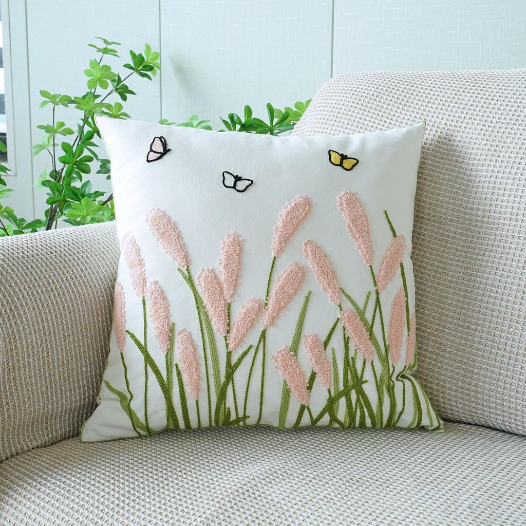 Farmhouse Grass Tufted Embroidered Throw Pillow Case Boho Flower Decorative Pillowcase Soft Cushion Cover for Sofa Bed Chair