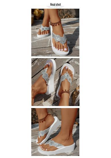 Tongs Compensées Strass Grande Taille: Sandales de Plage d'Été à Semelle Épaisse pour Femmes