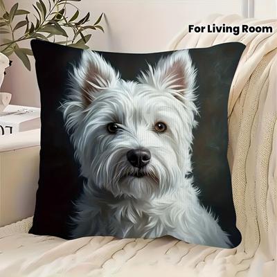 1pc White Dog Pillowcase - Zippered Polyester Cushion Cover, Single-Sided Design, Suitable for Sofa And Living Room, Holiday Decor, Cute Pillow