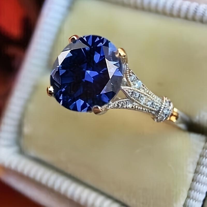 Fashionable Retro Forked Pattern Inlaid with Circular Blue Synthetic Zircon Ring Women s Banquet Party Jewelry Accessories Gift 8