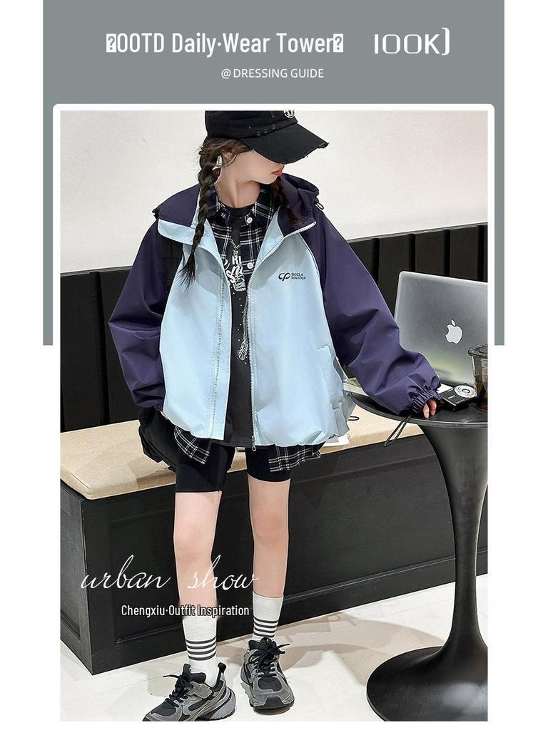 Girls' Color Block Hooded Windbreaker Jacket - 2025 Autumn Trend, Stylish Raglan Sleeve Fashion for Medium & Large Children