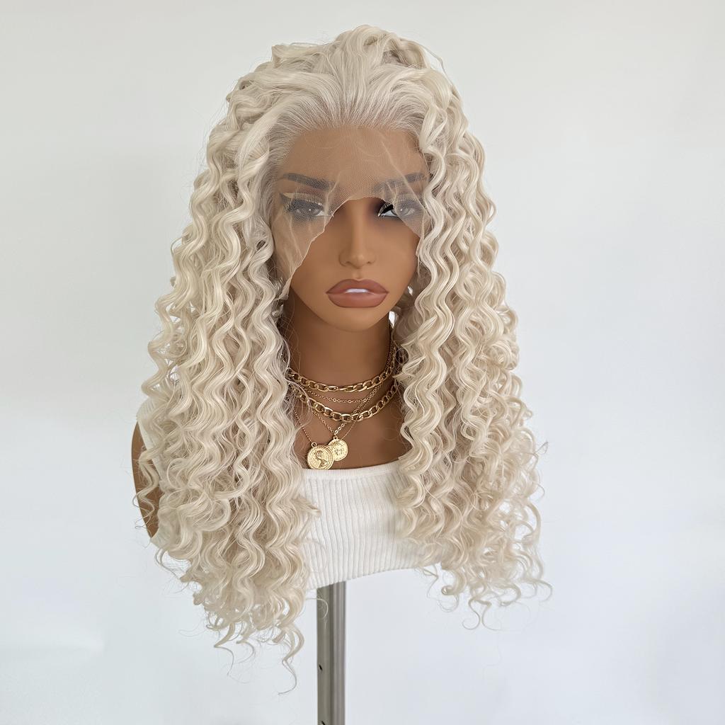 Platinum Blonde Curly Wig 13x4 Long Deep Curly Synthetic Lace Front Wigs for Women Glueless Heat Resistant Fiber Daily Cosplay