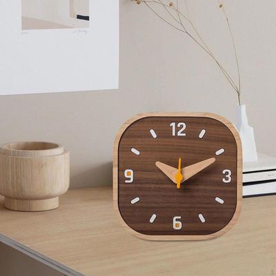 Wooden Analog Desktop Clock Square Desk 5.2x5.2x1inch for Bookshelf Lightweight