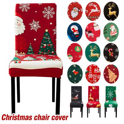 Christmas Chair Cover Dustproof 1 PCS Cartoon Santa Snowman Print Stretchable Fabric Anti Slip Removable New Year Party Decoration