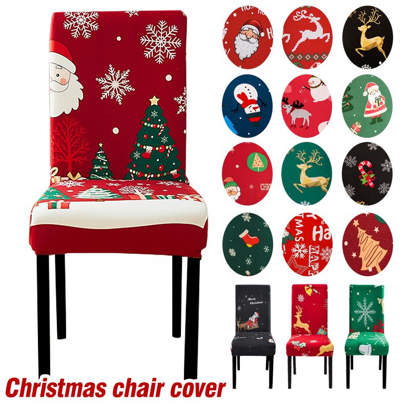 Christmas Chair Cover Dustproof 1 PCS Cartoon Santa Snowman Print Stretchable Fabric Anti Slip Removable New Year Party Decoration