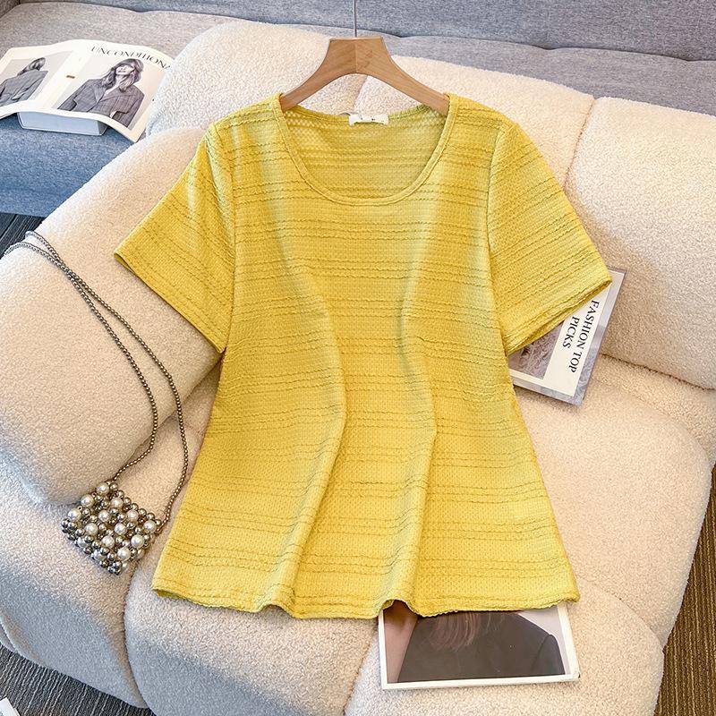 Großes gestricktes T-Shirt mit Rundhalsausschnitt für Damen im Sommer, Neuer Stil, mit offenem Design zur Schlankheitskurve, Kurzarm-Top