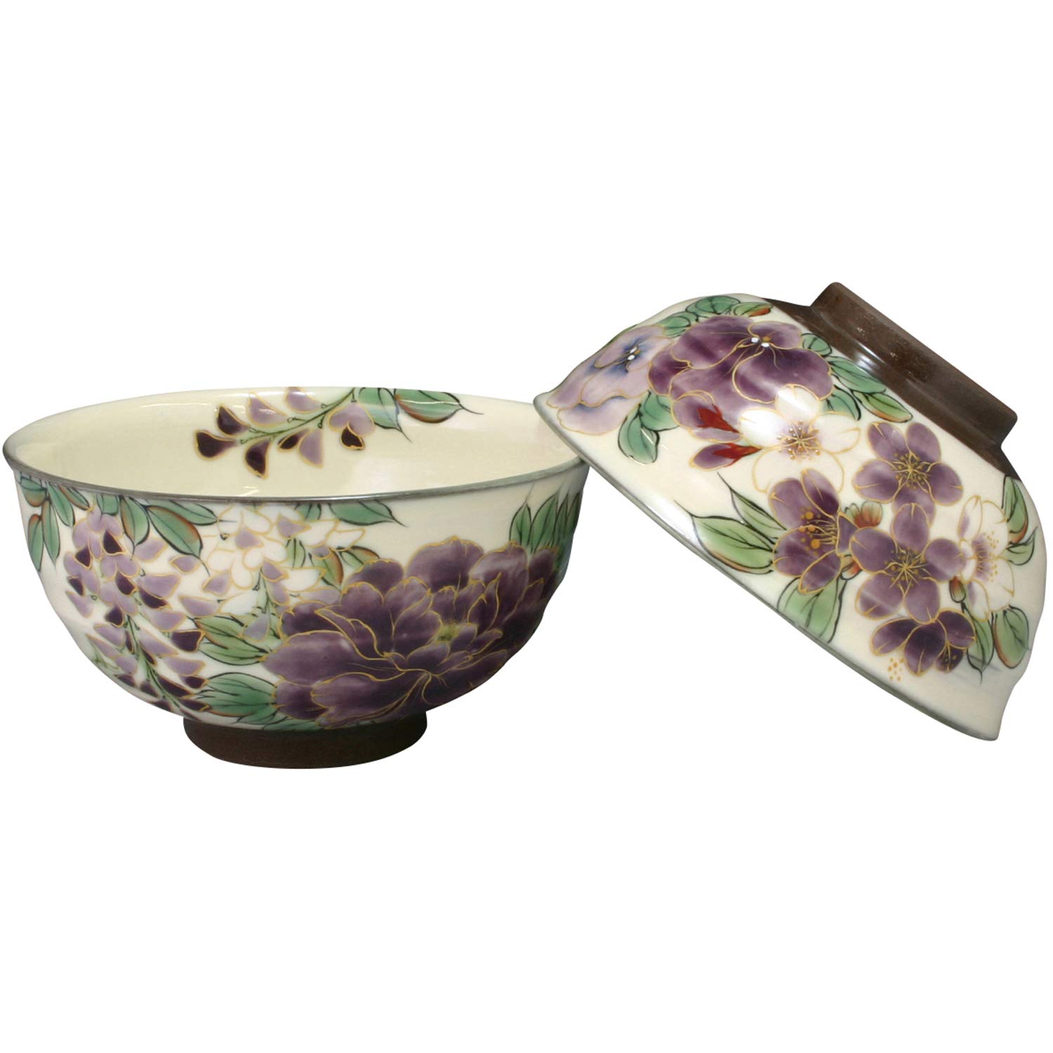 Киотская керамика, керамика Киёмидзу, печь Тоан, набор пиал для риса, белые с фиолетовыми цветами, kta515