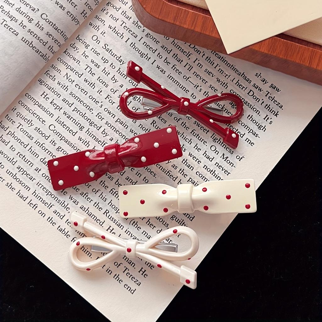 6/8pcs Sweet and Playful Angora Red Bow Hair Clip Set with Simple Bangs and Side Hair Clips Versatile As Girl's Heart Accessory