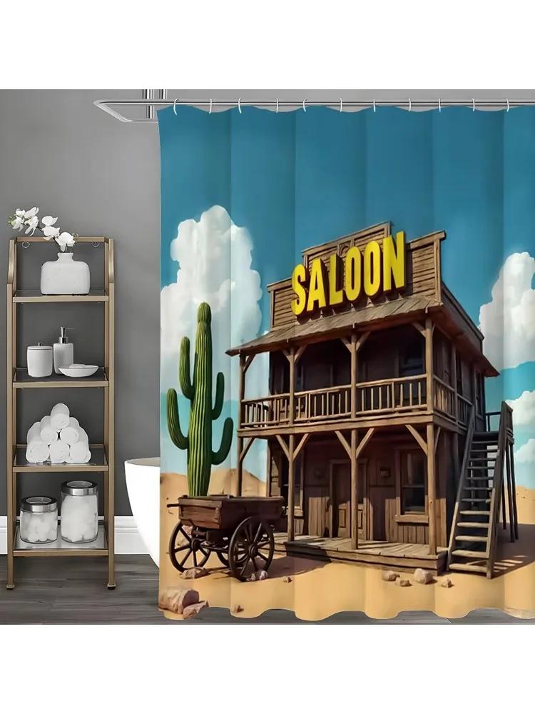 

Western Desert Cabin Cactus Shower Curtain, Bathroom Decorative Shower Curtain, Waterproof Shower Curtain With Hooks W60H190(CM)-1 Pcs