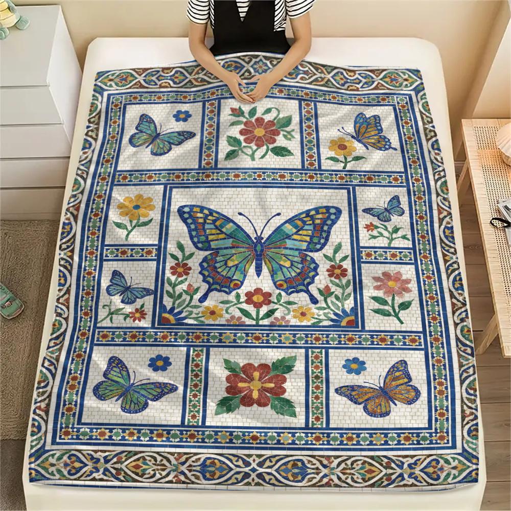 Moroccan Butterfly Print Flannel Blanket, High Quality Comfortable for All Seasons, Home Decor, Warmth and Comfort, Perfect for Christmas Gifts79