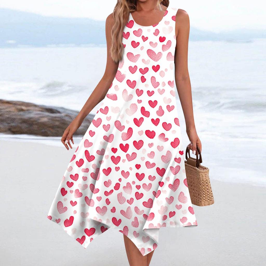 Women's Casual Fashion Round Neck Sleeveless Print Irregular Hem Midi Dress