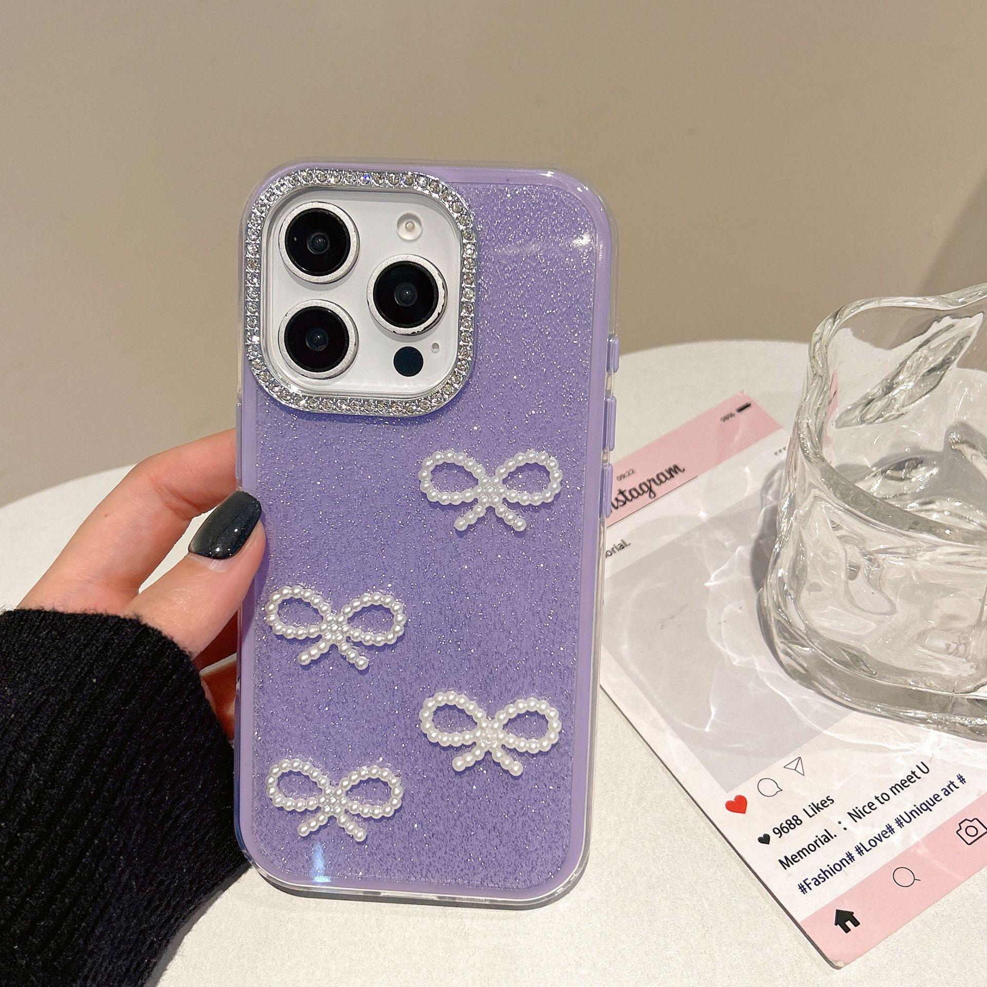 

Кольцо-линза «Три в одном» с блестками и бриллиантами подходит для Apple 16promax Bow IPhone15 Чехол для телефона Богини iPhone11Promax фиолетовый