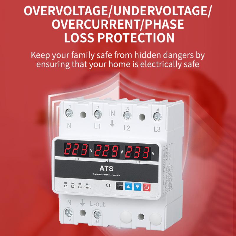 Three-Phase Over/Under Voltage Protector with 63A/80A/100A ATS and Triple Display