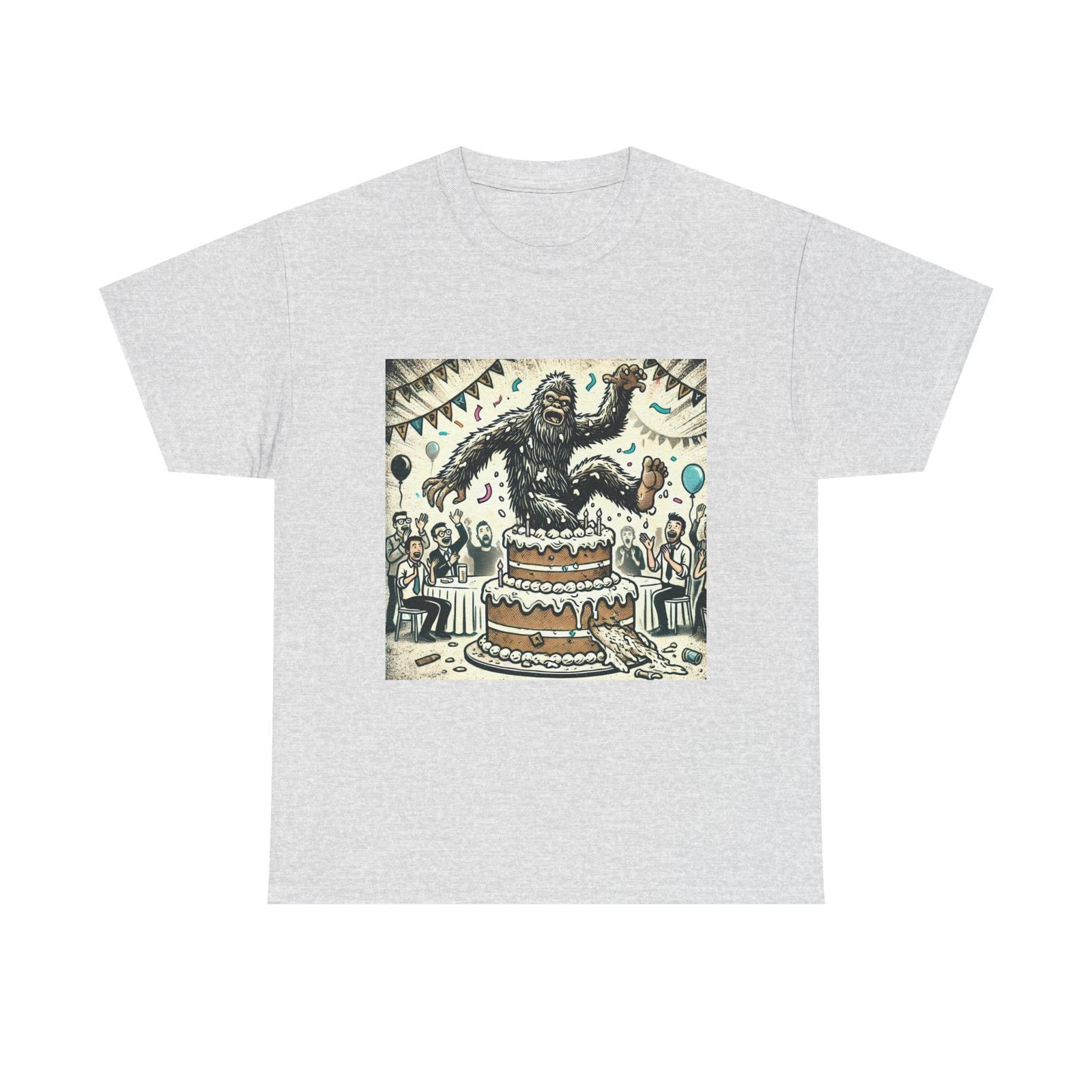 Bigfoot Pops Out of a Giant Cake Shirt Funny Party Cryptid Sasquatch Celebration 2XL