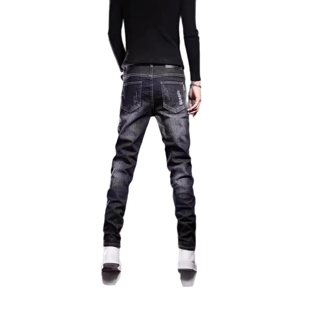 New men's retro trendy jeans spring and summer ripped slim-fitting small feet and thin casual trousers