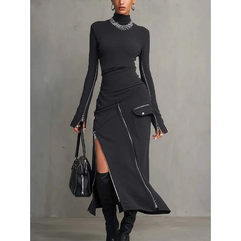 

2026 New Fashion Trend High Collar Long Sleeve Long Skirt Women s Casual Fashion Solid Color Suit XXL темно-сірий